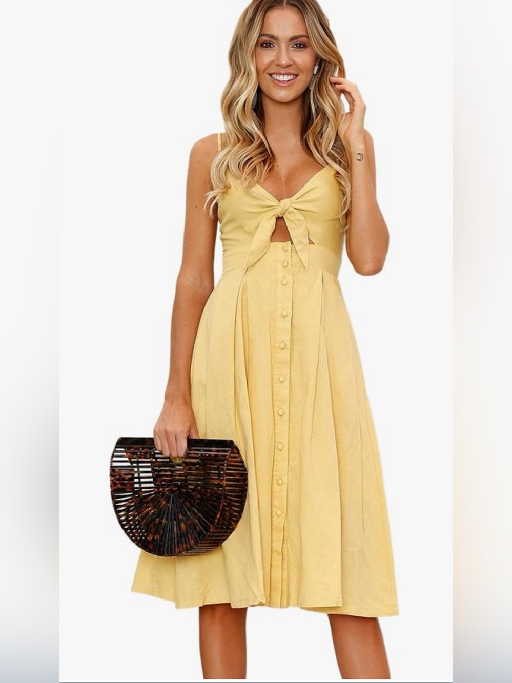 Knot-Front Yellow Midi Dress with Button-Down Skirt